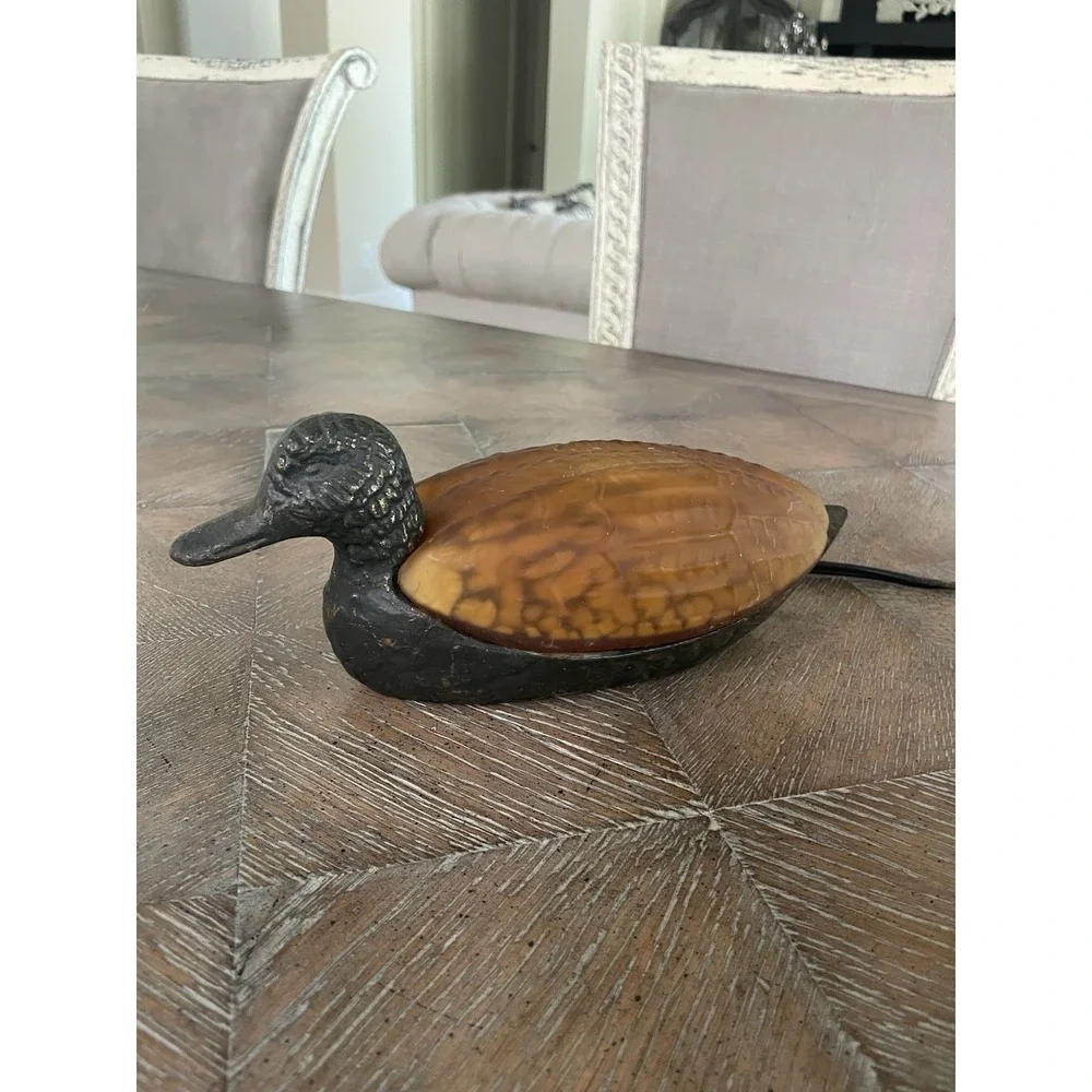 Vtg Duck Mallard Night Light Accent Table Lamp Cast Iron & Amber Glass Ambiance